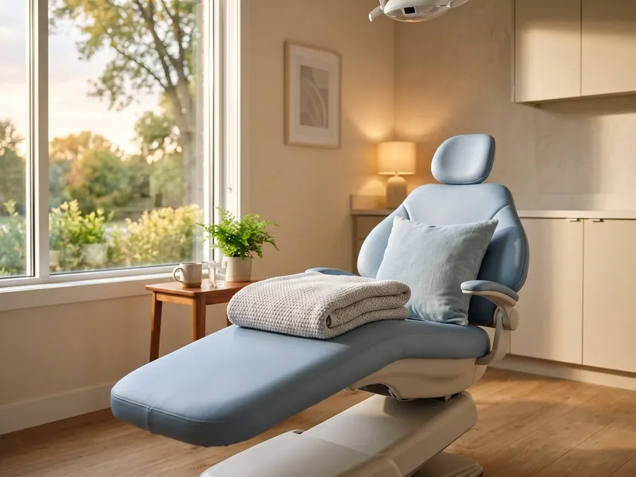 A dental chair with a soft folded blanket beside a sunny window.