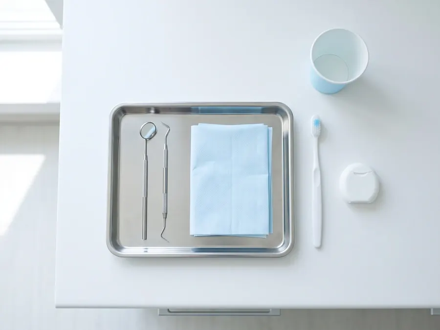 A dental mirror, probe, toothbrush and floss laid out on a tray.