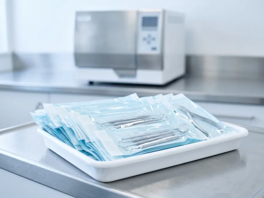 Sealed sterilization pouches holding dental instruments.