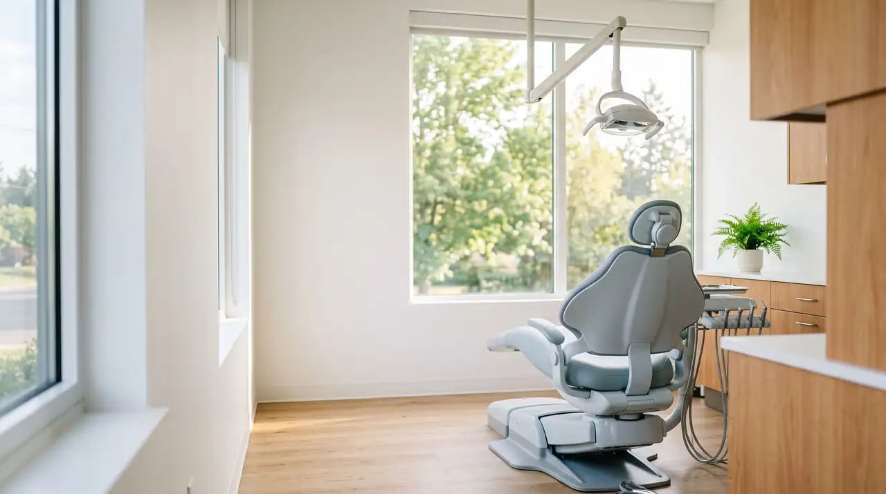 A bright, quiet dental treatment room with a patient chair by the window.