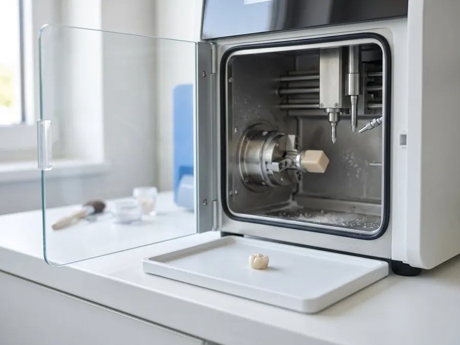 A chairside milling unit beside a freshly milled ceramic crown.